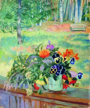  Kustodiev Lienzo - un ramo de flores en el balcón 1924 Boris Mikhailovich Kustodiev